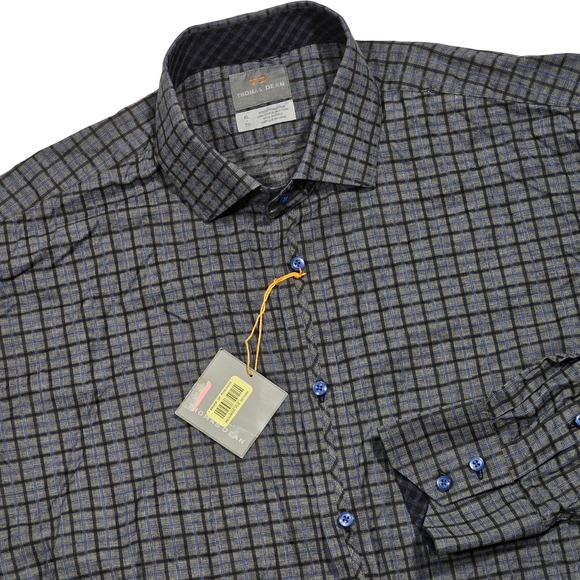 Thomas Dean Other - Thomas Dean Button Up Shirt Mens XL Grey Blue Grid Plaid Cotton Business Casual